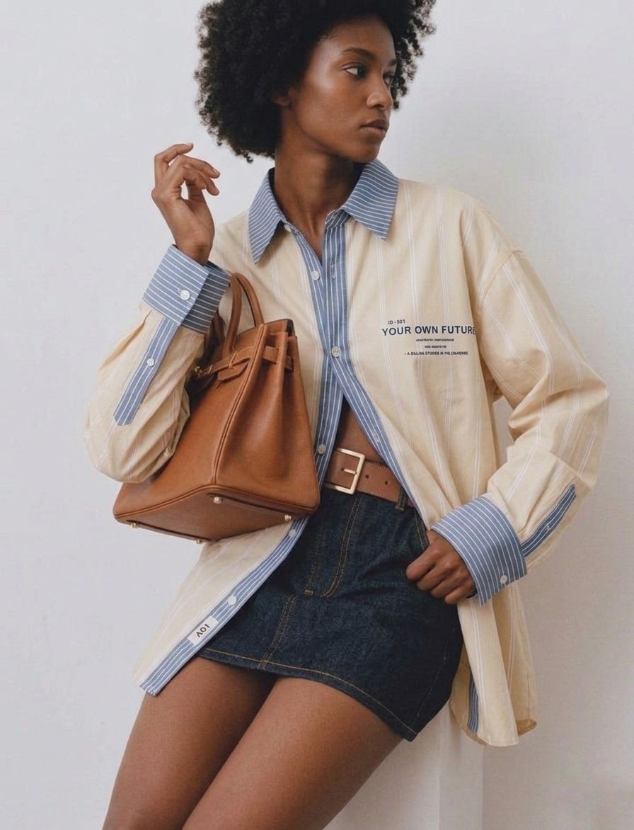 Camisa unisex de estilo oversize  y con tejidos de algodón premium, camisa combinada con dos tejidos de rayas en tonos diferentes y contrastados. Frase estampada en el delantero y etiqueta con número de serie. Fit relajado de estilo minimalista moderno y urbano.