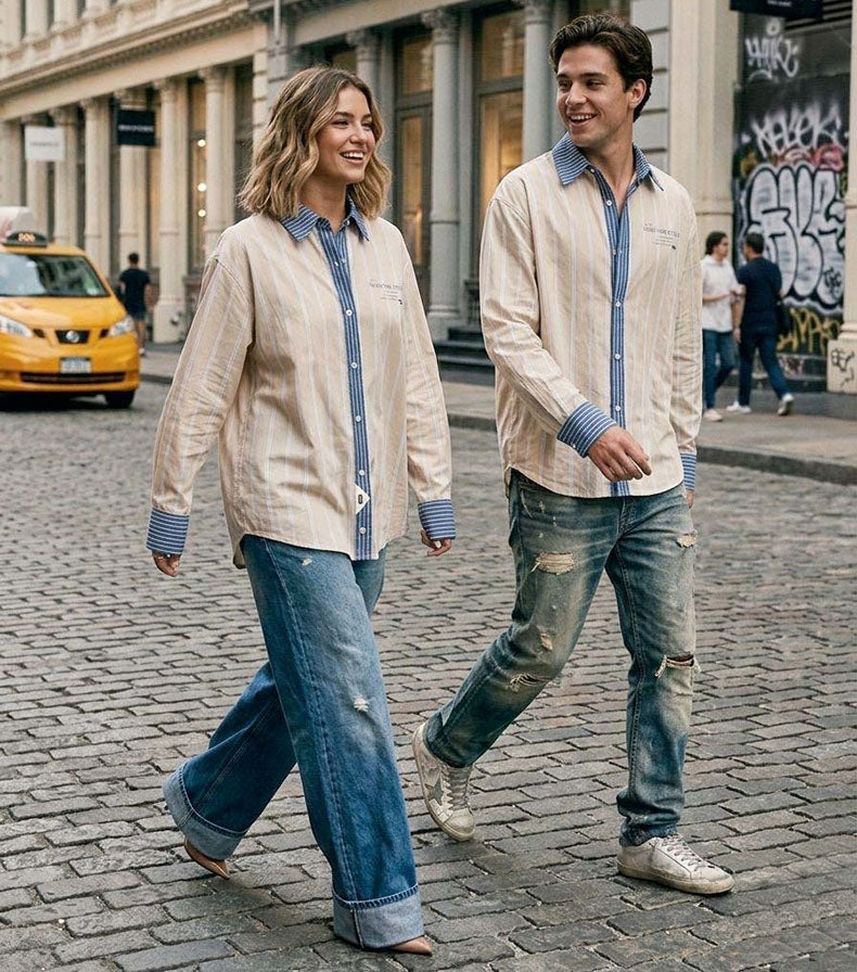Camisa unisex de estilo oversize  y con tejidos de algodón premium, camisa combinada con dos tejidos de rayas en tonos diferentes y contrastados. Frase estampada en el delantero y etiqueta con número de serie. Fit relajado de estilo minimalista moderno y urbano.