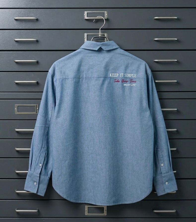 Camisa unisex oversize con tejido algodón efecto denim y contraste en interior cuello y puños con un tejido de rayas, fit relajado estilo minimalista y moderno y urbano. estampado en la espalda y en el bolsillo delantero una etiqueta con número de serie exclusivo y personalizado